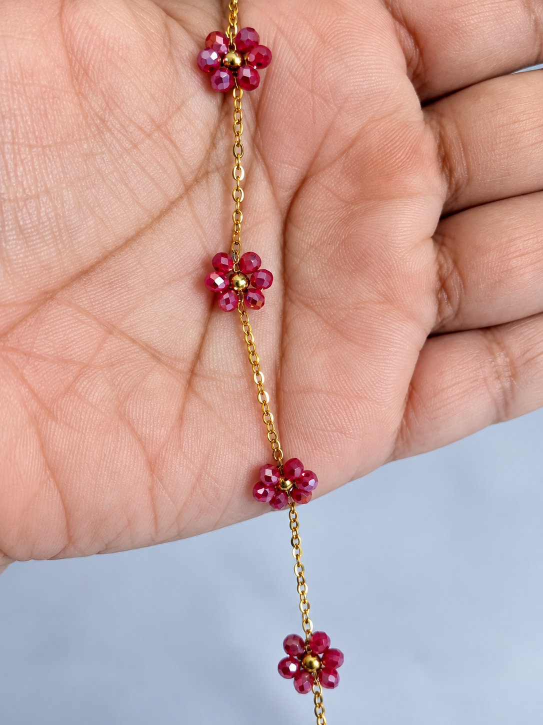 Classy Pink Beaded Flower Gold-Plated Bracelet for Women 2 Classy Pink Beaded Flower Gold-Plated Bracelet for Women - Image 2