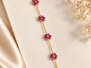 Pink Beaded Flower Gold-Plated Bracelet