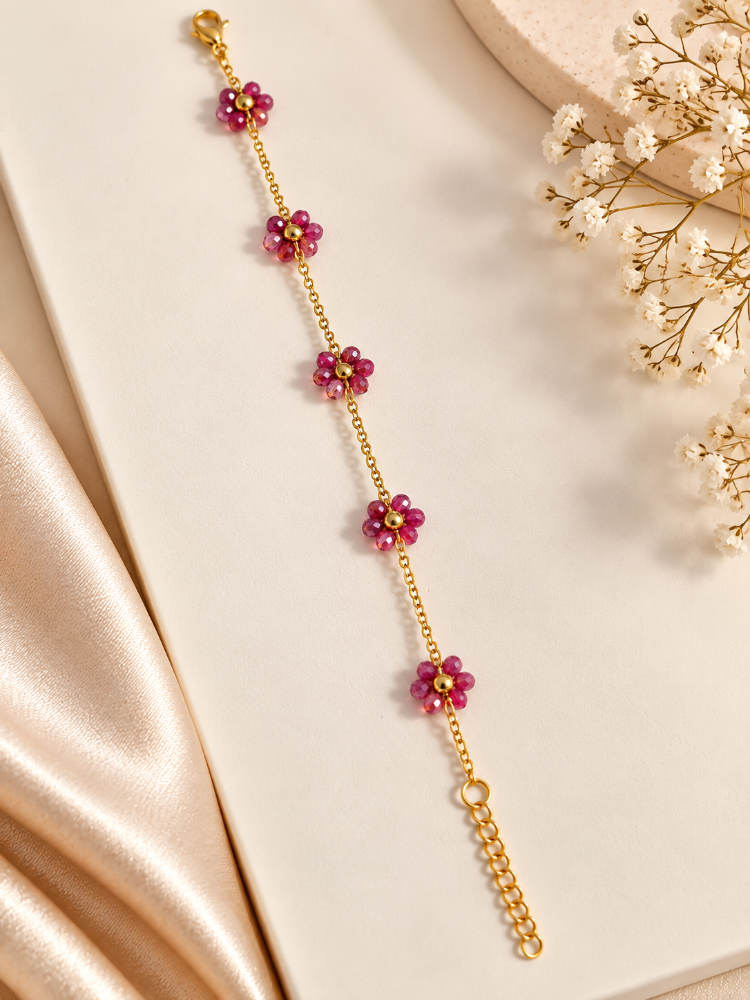 Classy Pink Beaded Flower Gold-Plated Bracelet for Women 1 Pink Beaded Flower Gold-Plated Bracelet