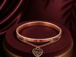 Rose gold bracelet for women with crystal accents and heart charm